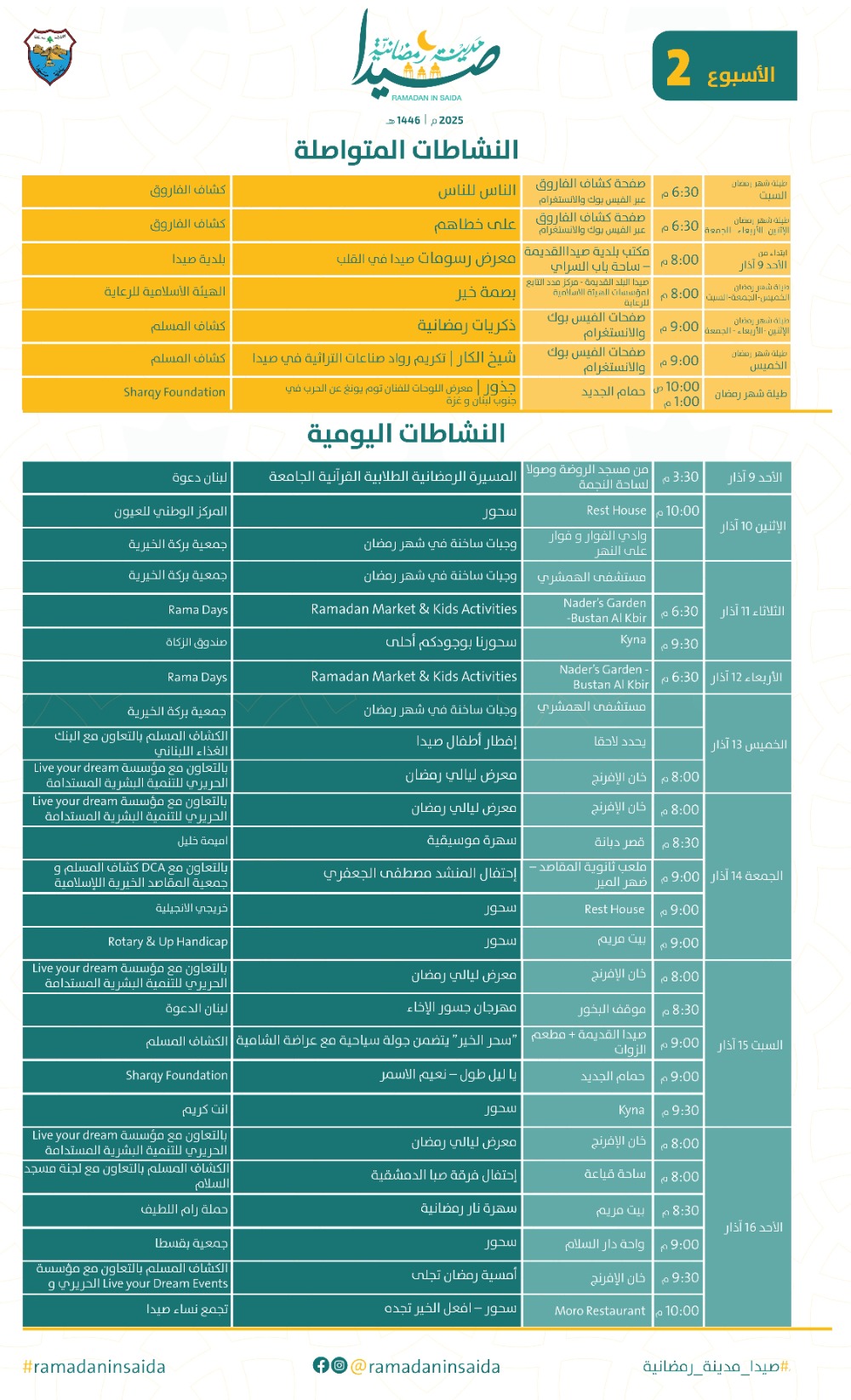 بلدية صيدا تعلن عن برنامج النشاطات الأسبوعي في شهر رمضان المبارك
