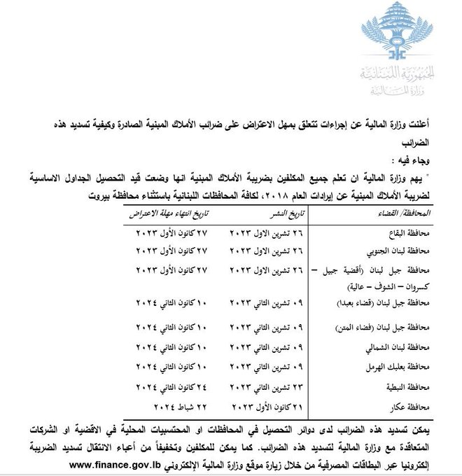 بيان هام من وزارة المالية بشأن مهل الاعتراض على ضرائب الأملاك المبنية