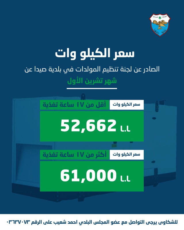 لجنة تنظيم قطاع المولدات في بلدية صيدا تصدر بيان تكلفة الاشتراكات الكهربائية لشهر تشرين الاول 2026