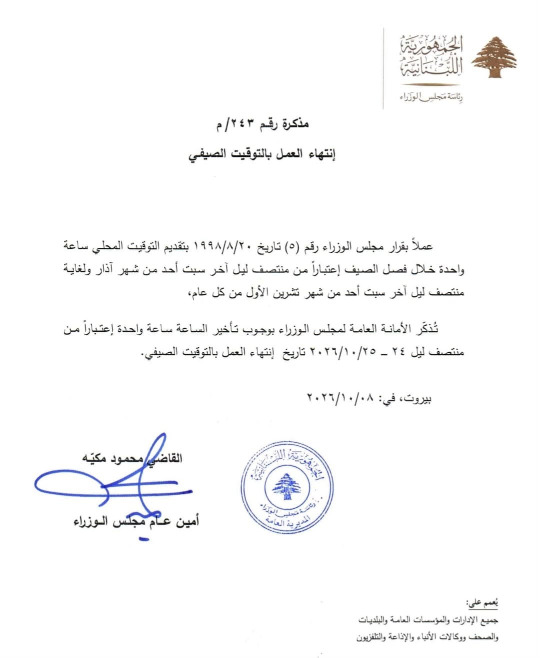 تأخير الساعة اعتباراً من منتصف ليل 24 – 25 تشرين الأول