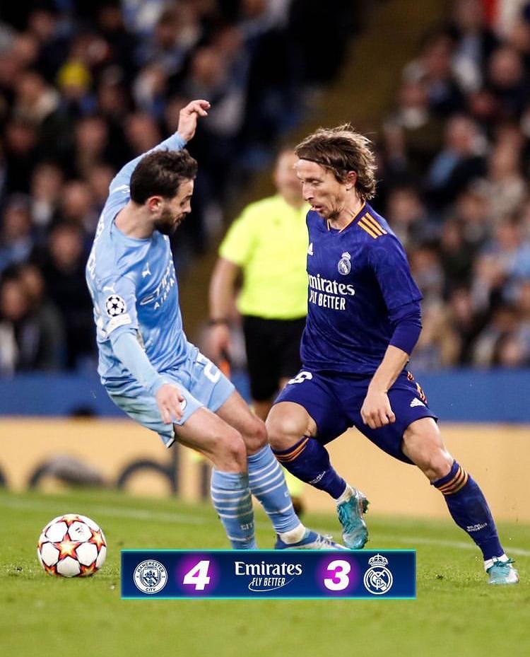 انتهاء مباراة نصف نهائي دوري أبطال أوروبا بتقدّم مانشستر سيتي 4-3 على ريال مدريد